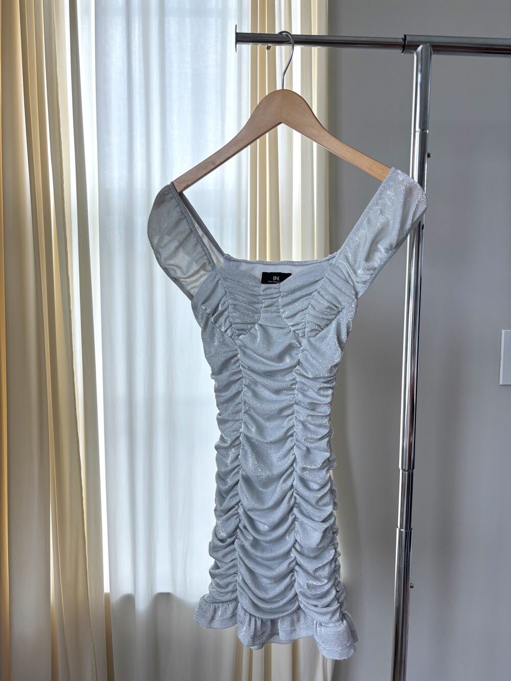 Vintage IN San Francisco Dress S Silver Shimmer Ruched Mini Y2K Clubwear Party